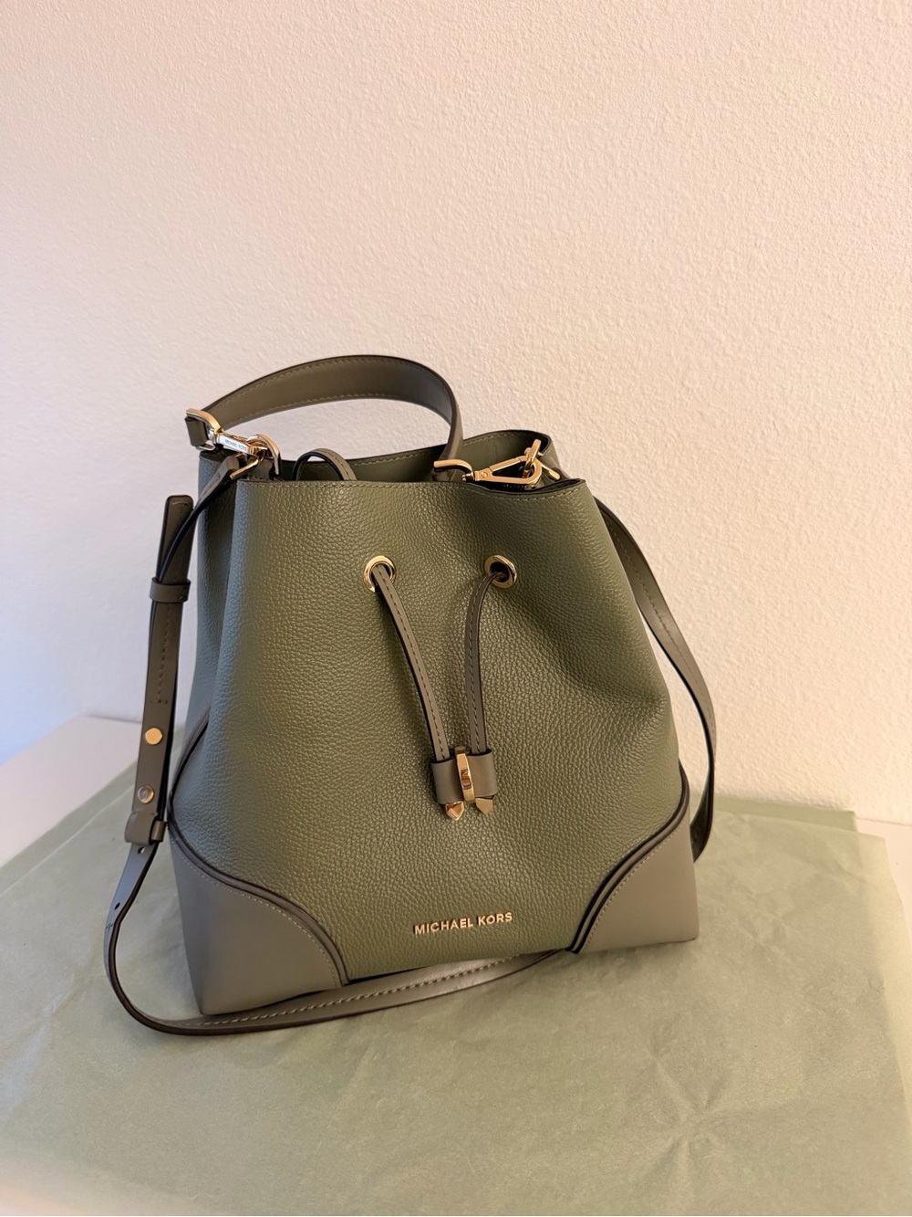 Michael Kors Olive Green Leather Drawstring Bucket Bag with Gold Hardware